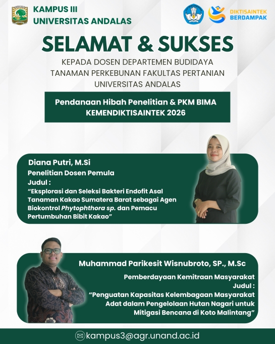 Dua Dosen Departemen Budidaya Tanaman Perkebunan Universitas Andalas Raih Pendanaan Hibah Penelitian dan PKM BIMA 2026