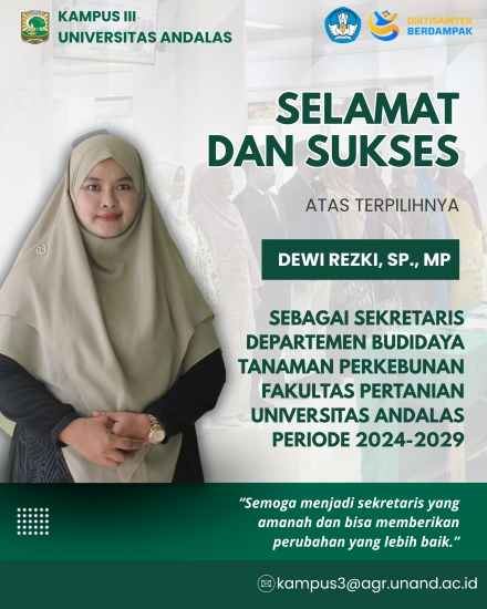 Dewi Rezki, S.P., M.P. Dilantik sebagai Sekretaris Departemen Budidaya Tanaman Perkebunan Fakultas Pertanian Universitas Andalas Periode 2024&ndash;2029